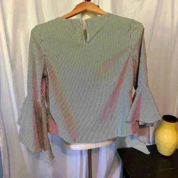 Kontrol Pinstripe Blouse With Bell Sleeve And Embroidered Flowers. Womens Size S - Picture 5 of 8